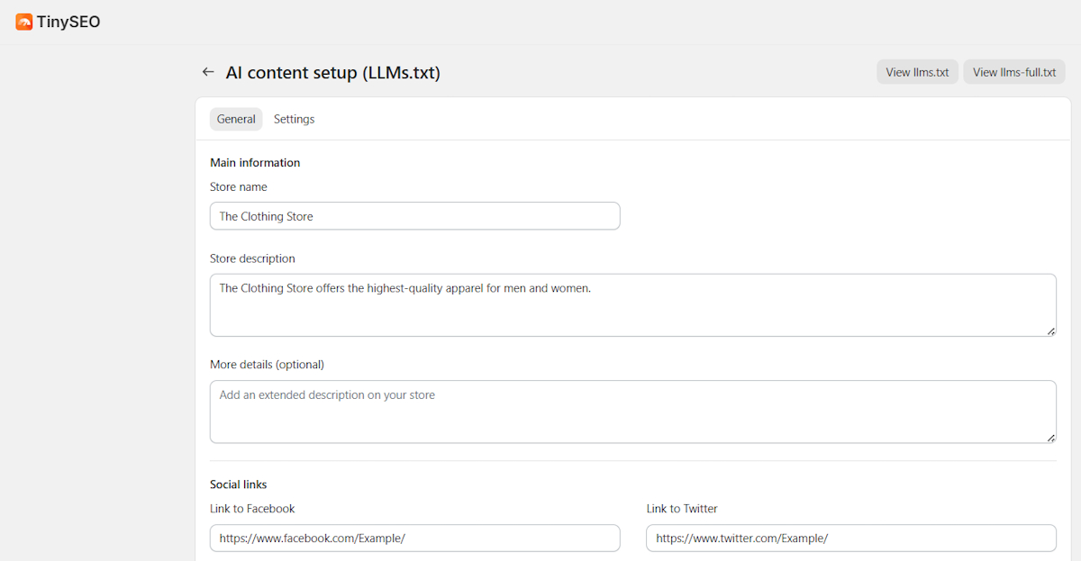 TinySEO LLMs.txt generation