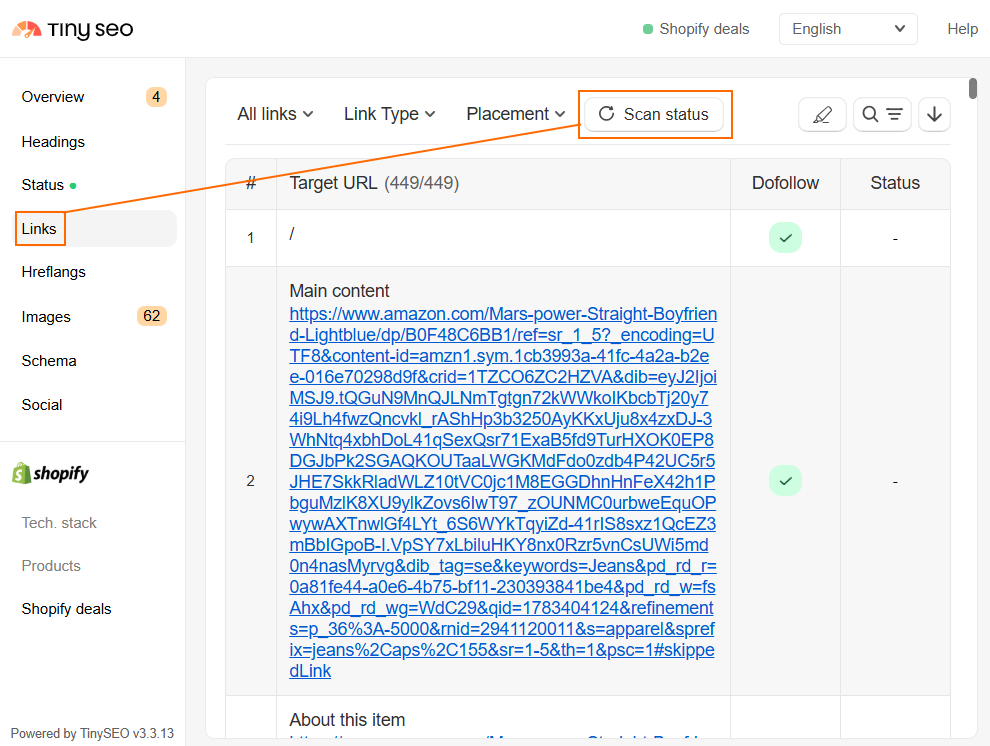 TinySEO extension scan link status