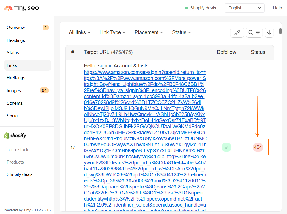 TinySEO extension 404 status code example