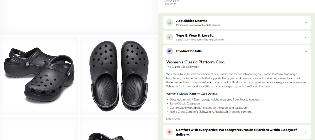Crocs product page content example