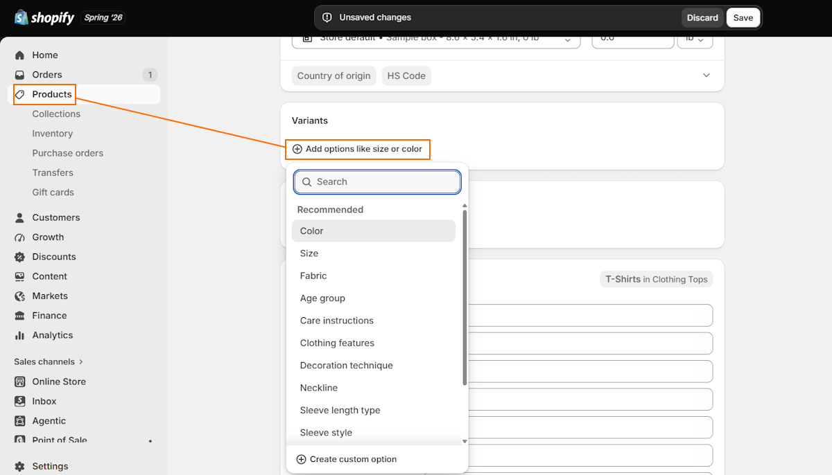 Add Variants on Shopify