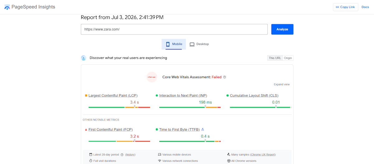 PageSpeed Insights Core Web Vitals example