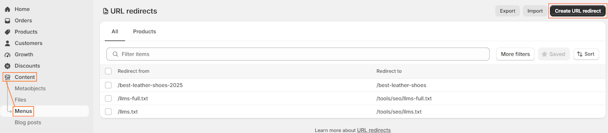 Fix broken links on Shopify