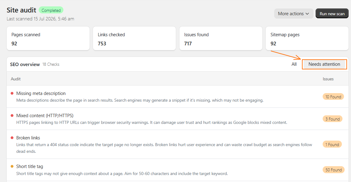 TinySEO site audit issues that need attention