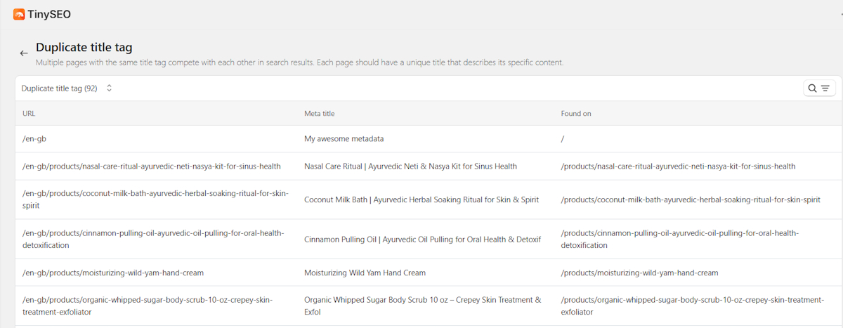 Duplicate title tag issues on TinySEO site audit