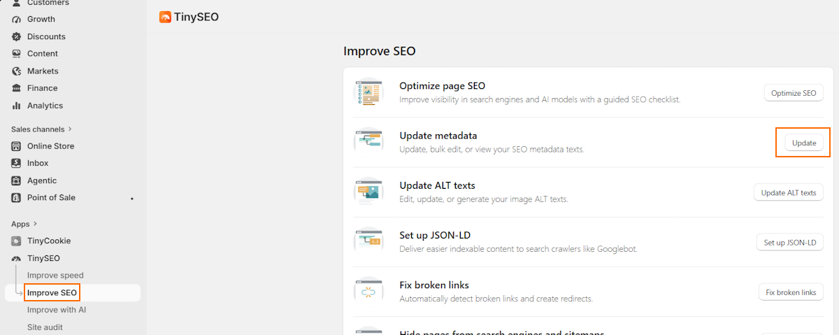 Find TinySEO metadata optimization feature