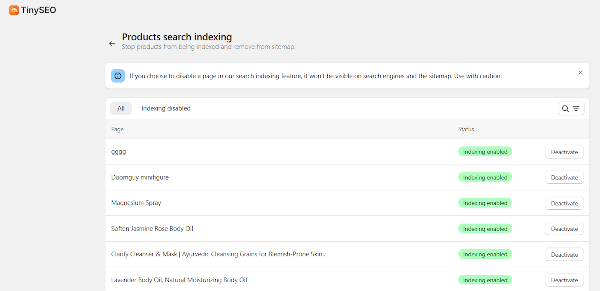 TinySEO page indexing feature