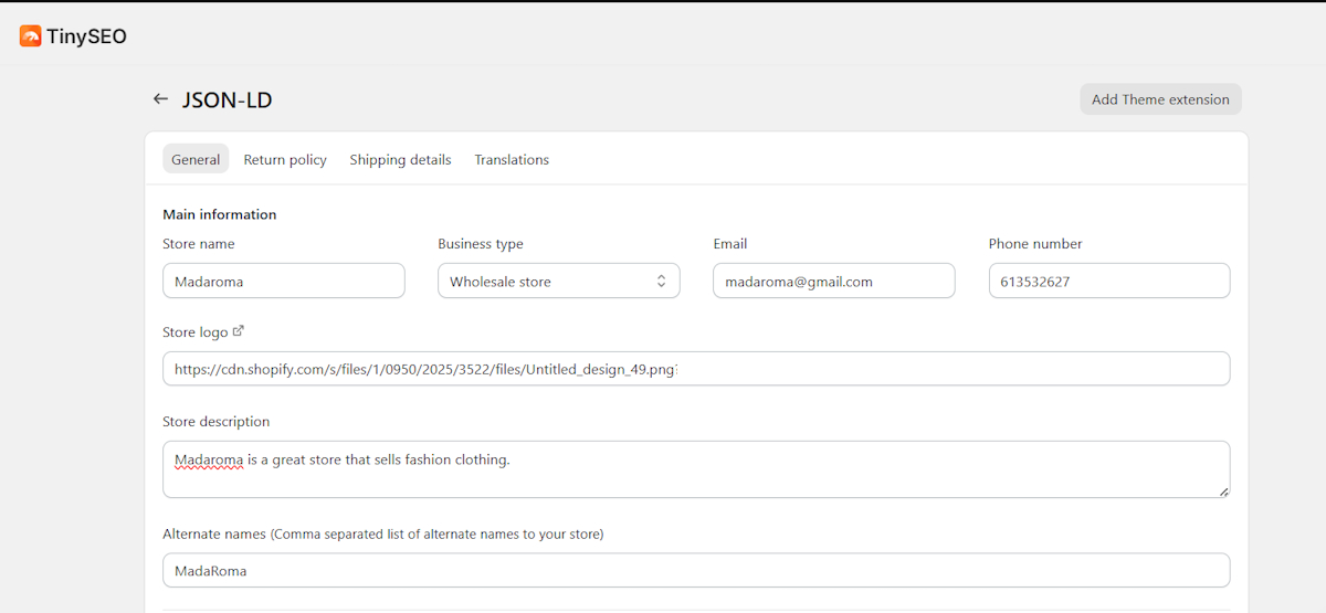 TinySEO structured data setup