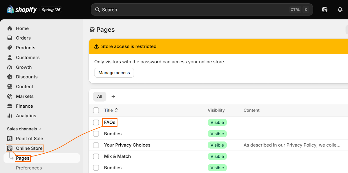 Open the FAQ page on Shopify