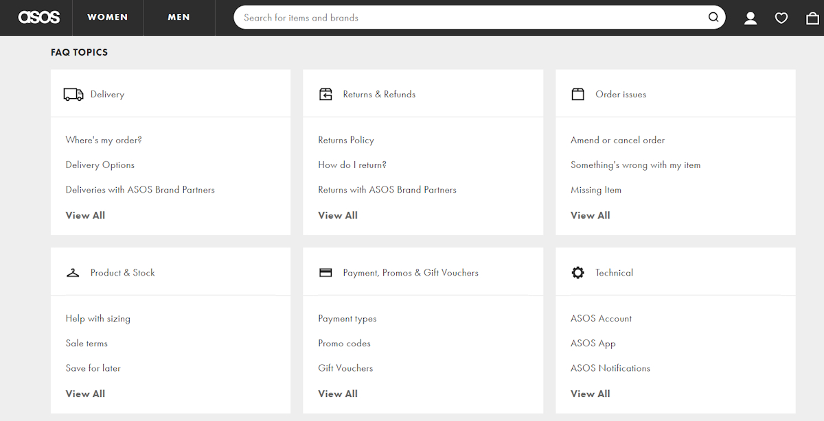 ASOS FAQ page example