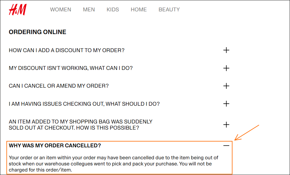 H&M FAQ page example