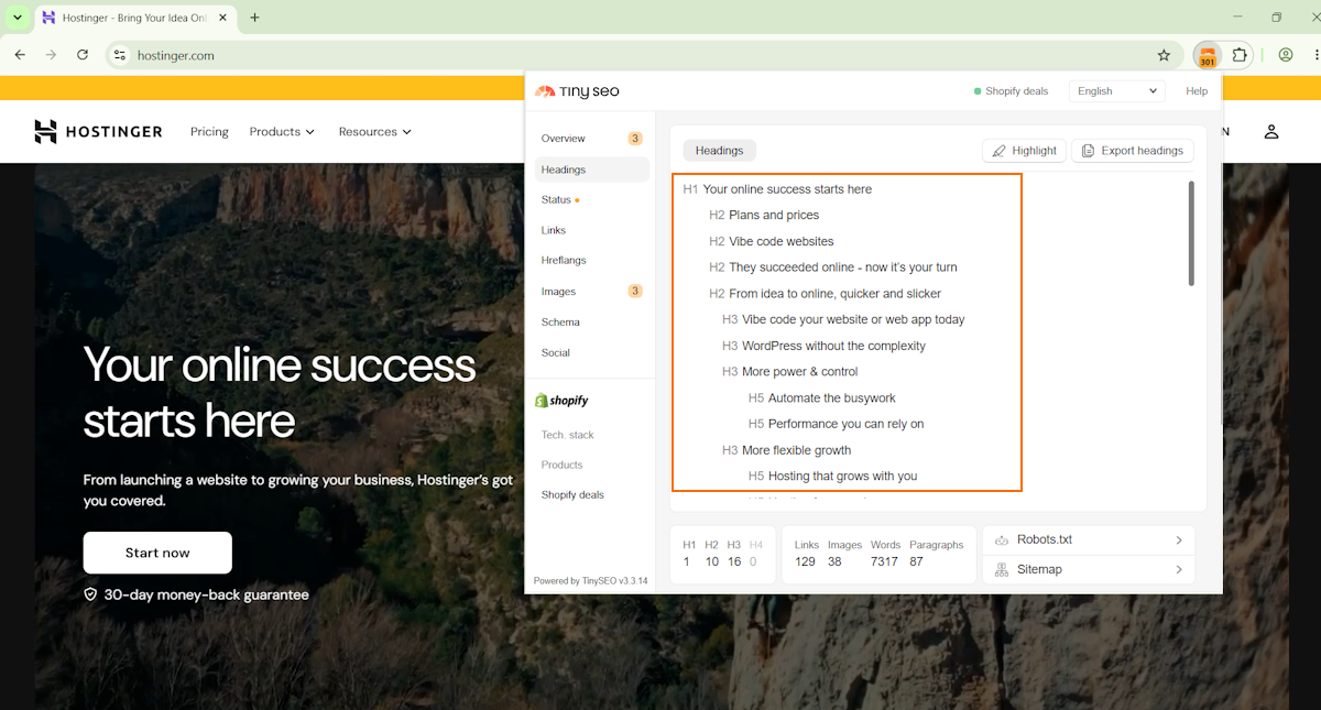 Hostinger homepage headings