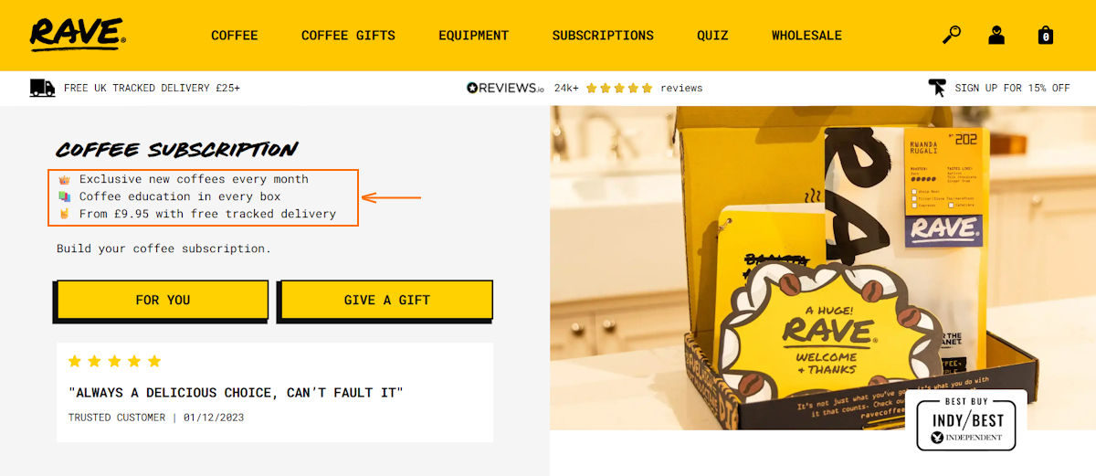 Rave Coffee homepage USP