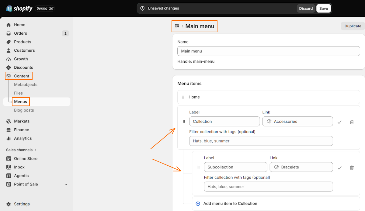 Add subcategory to Shopify