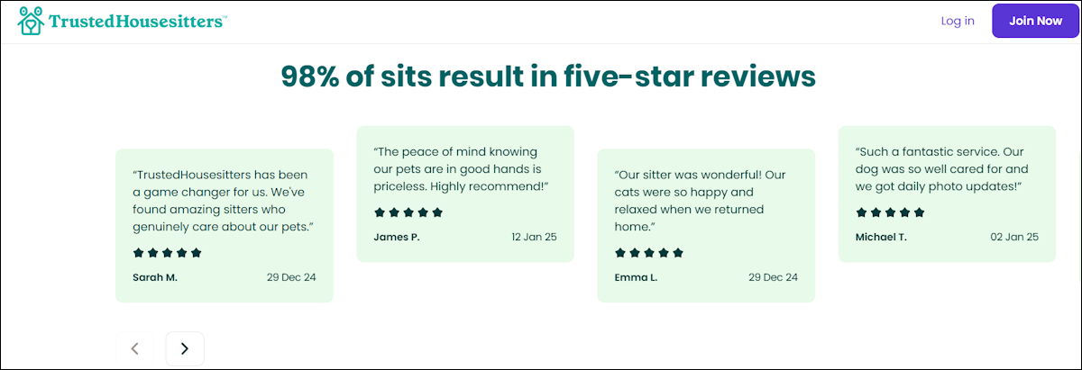 TrustedHouseSitters homepage customer reviews