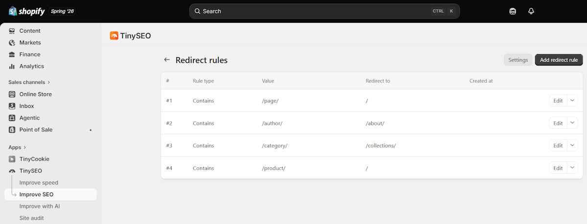 Shopify TinySEO app redirect rules example