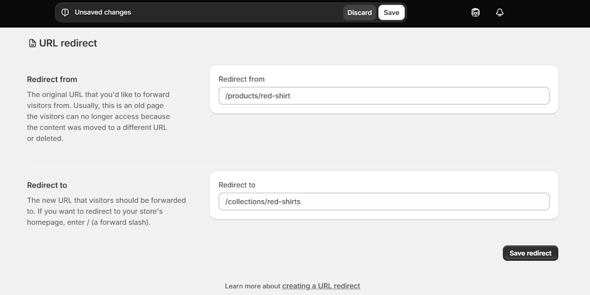 Create URL redirect on Shopify