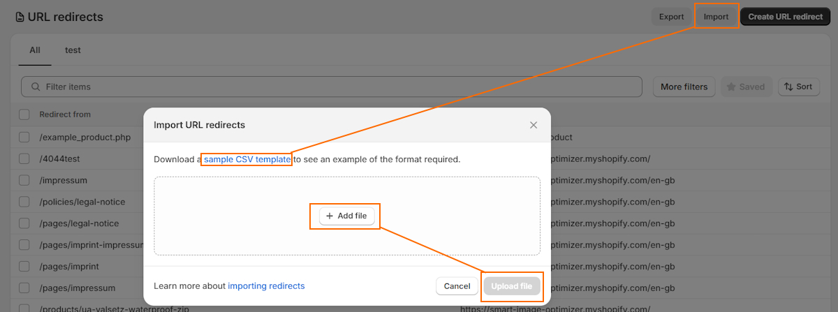 Download CSV template for redirects