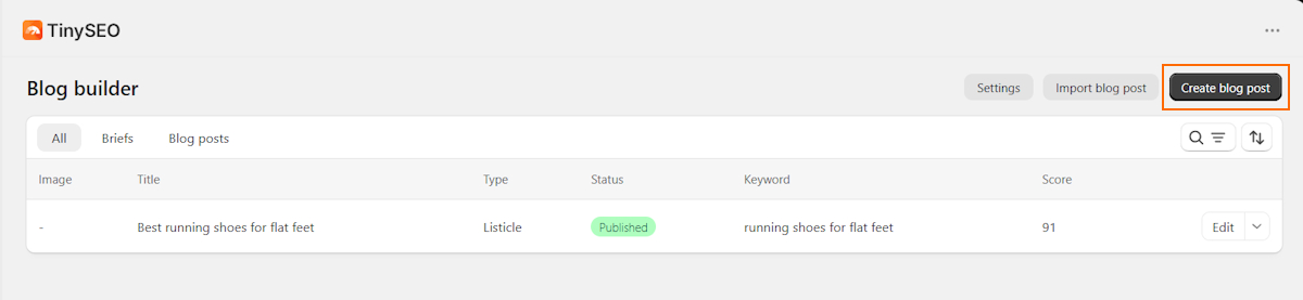Create blog post with TinySEO blog builder
