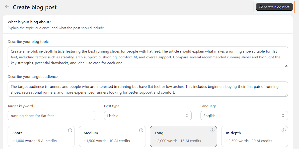 Generate blog brief with TinySEO AI blog builder