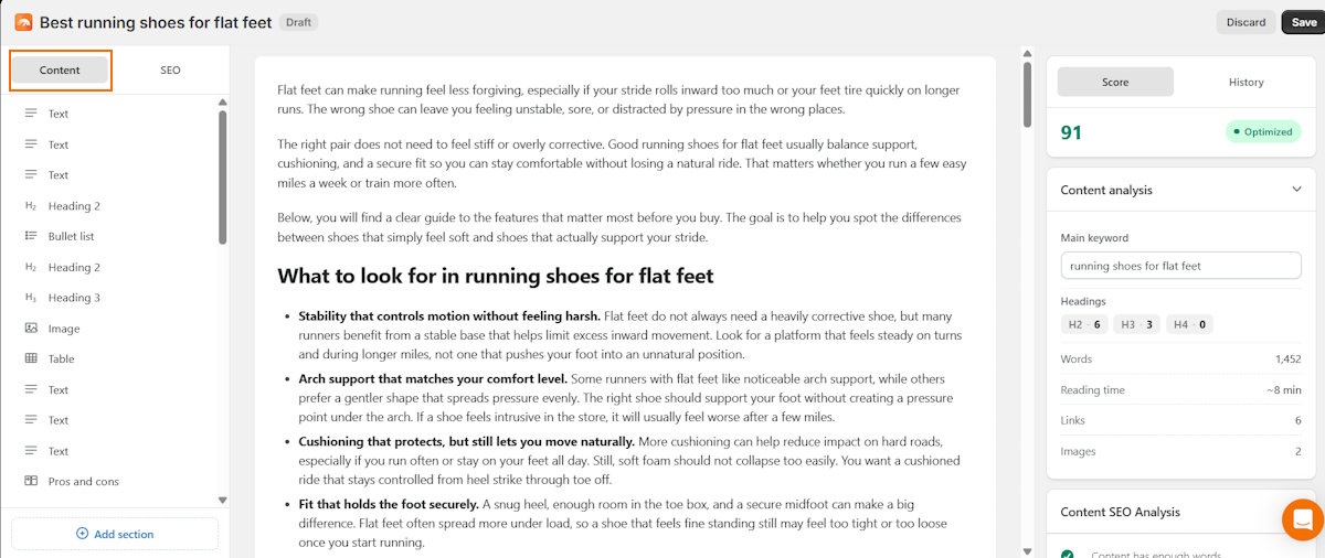 Content section of TinySEO blog builder