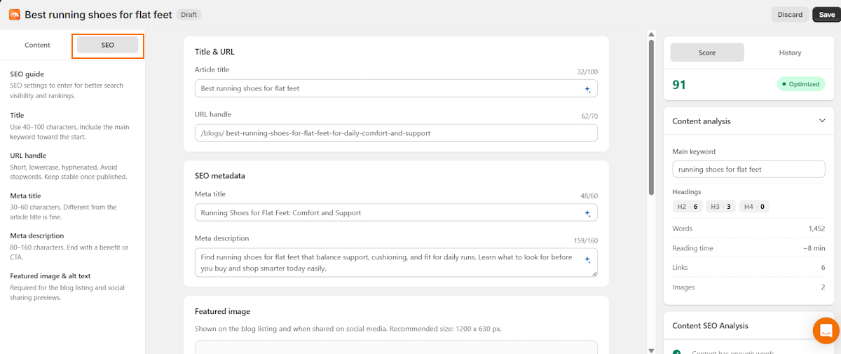 SEO section of TinySEO blog builder