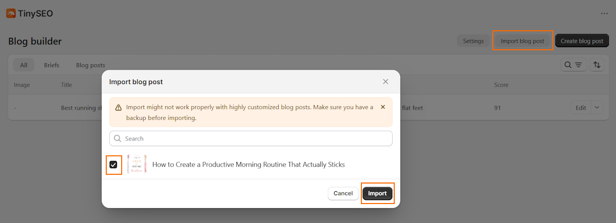 Import blog post to TinySEO blog builder