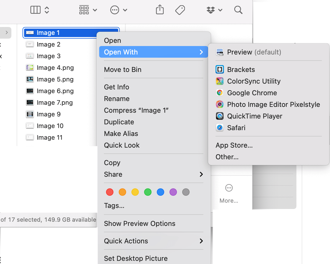 screenshot of opening a jpeg image to compress on mac in preview via right-click menu