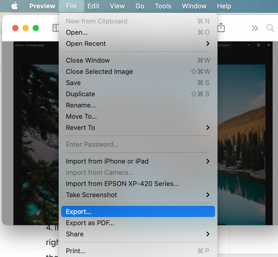 to compress a jpeg image in preview on mac go to export menu