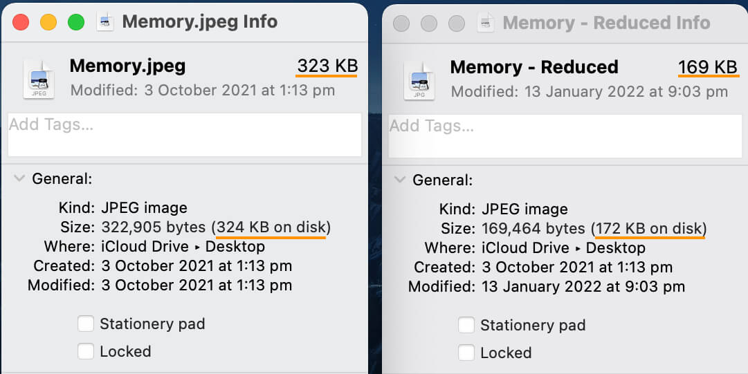 A screenshot of the image file, before and after compression