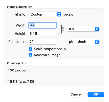 selecting new reduced jpeg image dimensions in preview app on mac