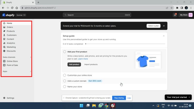 Shopify admin dashboard