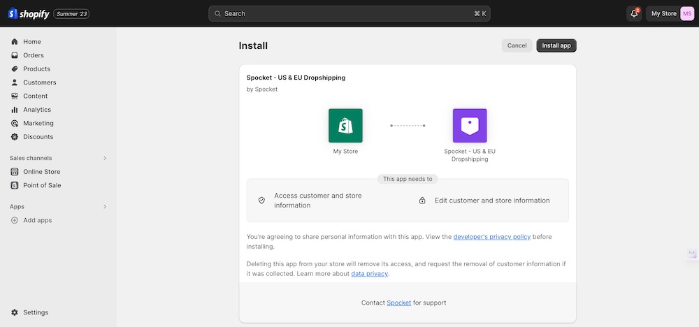 Spocket app installation process from Shopify admin panel