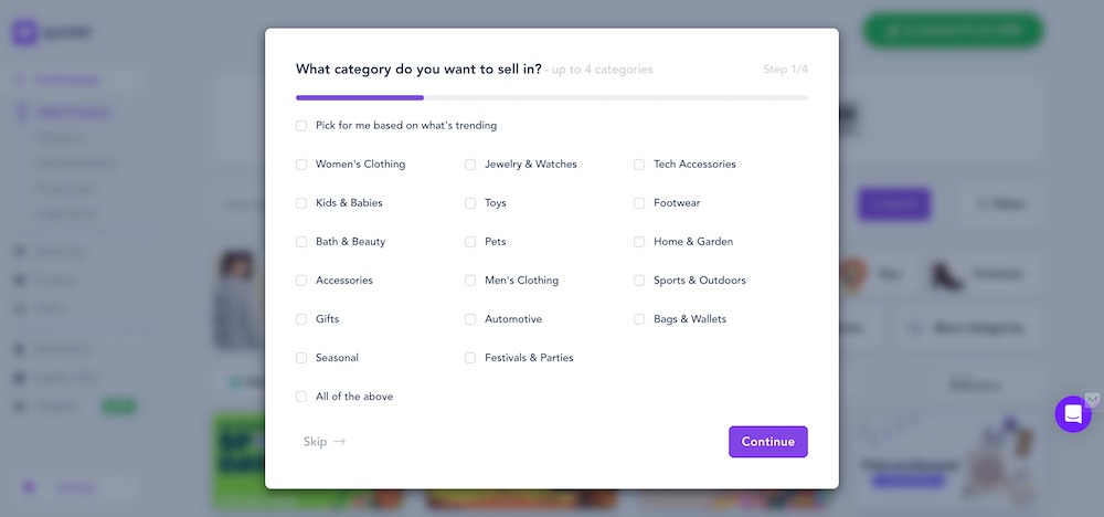 Optional category selection step in the Spocket app setup process