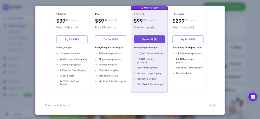 Choose the Spocket subscription plan or upgrade later