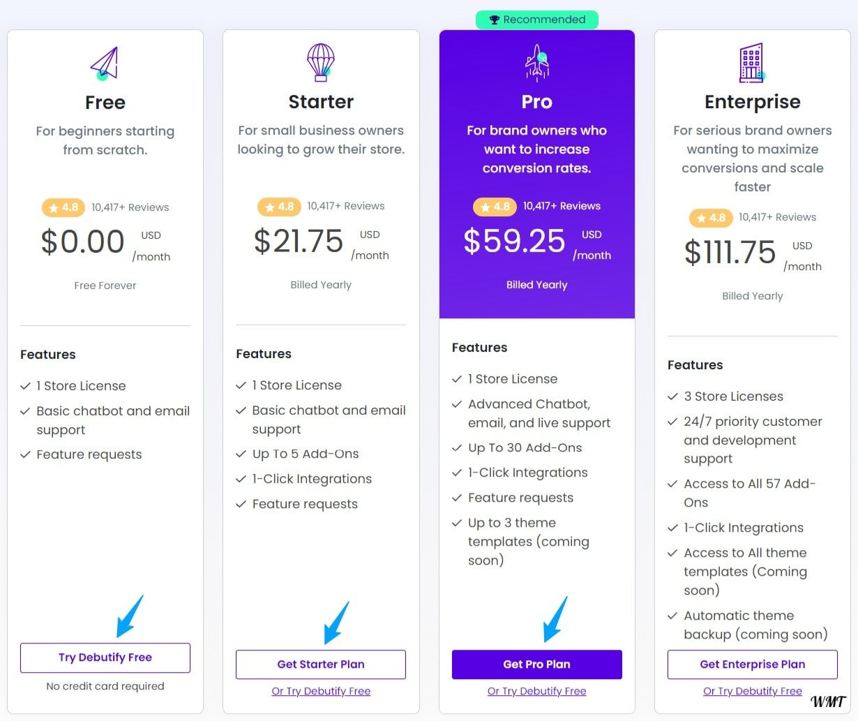 Debutify shopify theme pricing table