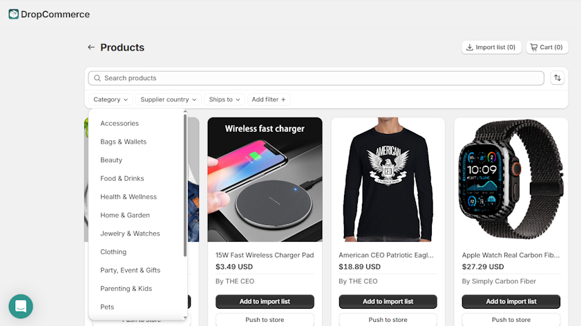 DropCommerce product categories