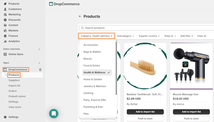 DropCommerce category choosing